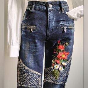 Embellish Distressed Embroidered Patched Spencer Biker Denim Jeans Size 30